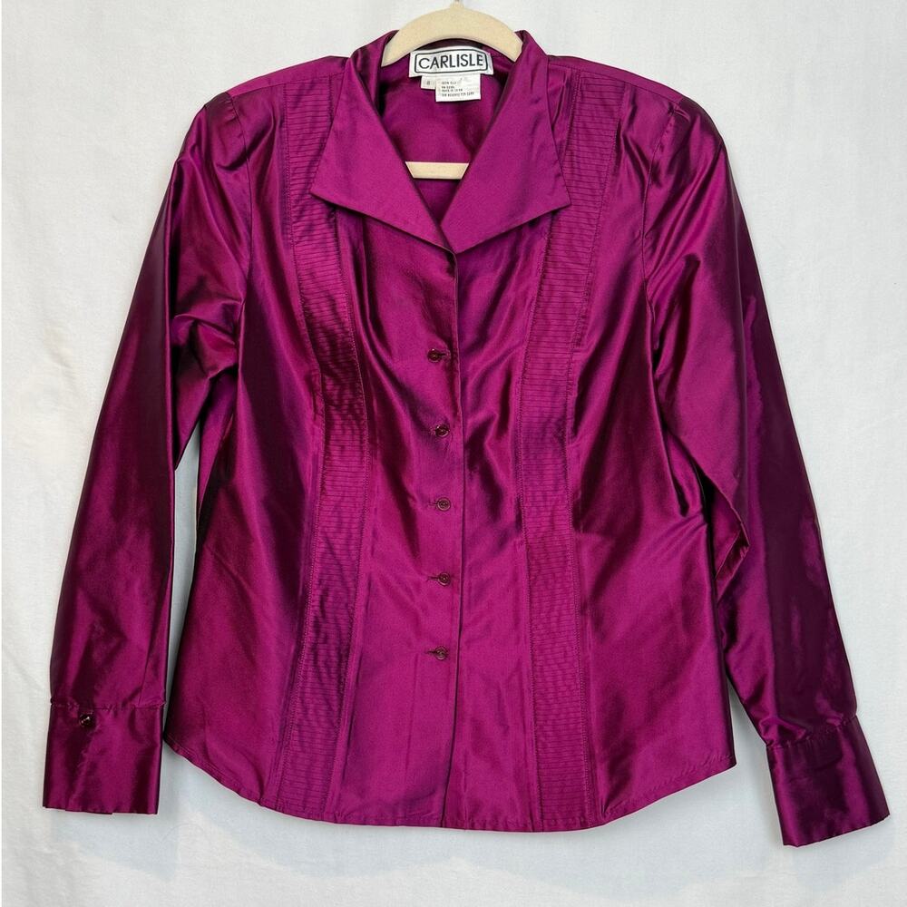 Vintage Carlisle 100% Silk Pintuck Button Blouse Magenta Berry Purple Size 8
